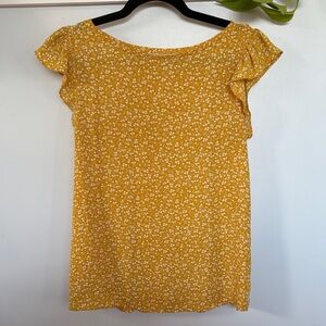 LOFT Mustard Ruffle Sleeve Floral Top